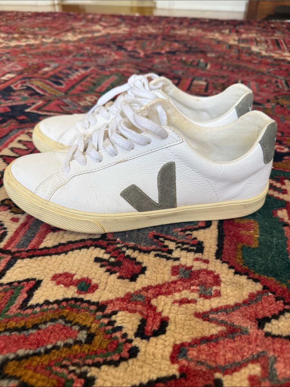 Veja Women’s White Leather Sneakers with Olive Green V Detail